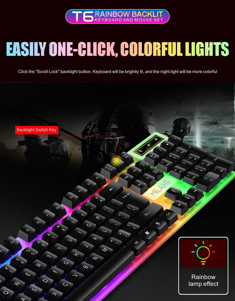 Rainbow Backlit Wired Keyboard and Mouse,Floating Keycap Strong, Wear-resistant, Comfortable Feel Keyboard for Business Office