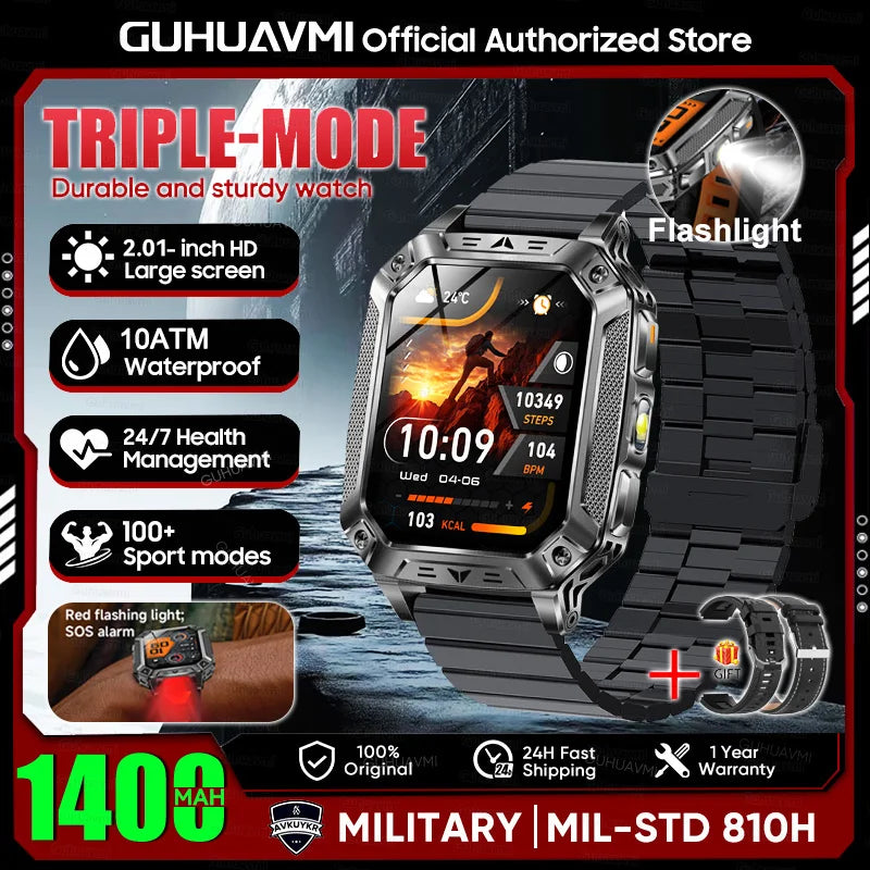 New Rugged Military Smart Watch Men 1400mAh Battery 2.01inch AMOLED Bluetooth Call 10ATM Waterproof LED Flashlight Smart Watch
