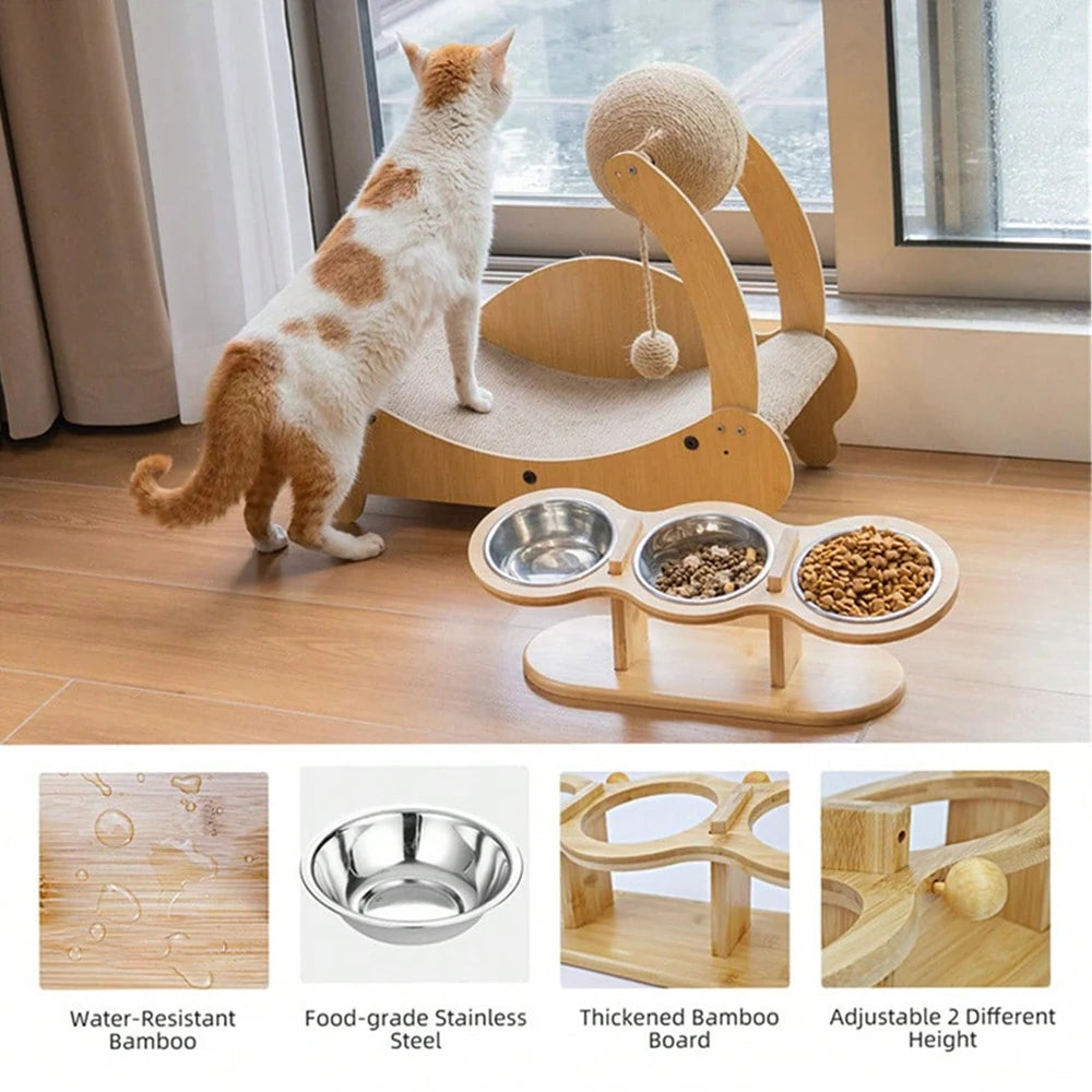 Raised Cat Feeder 3 Bowls in 1 Food and Water Supplies 15° Raised Puppy 3 Stainless Steel Bowls Wooden Cat Accessories