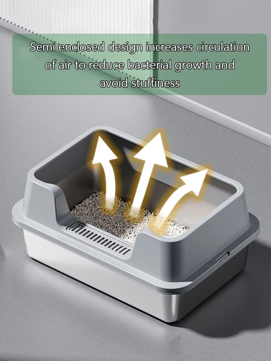 Stainless Steel Cat Litter Tray with Lid, Extra Large High Sided Enclosure Litter Boxes for Big Cats, Easy to Clean & No Odor