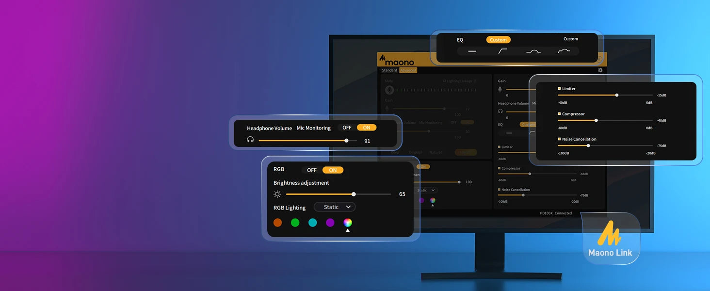 MAONO PD100X — Microfone Dinâmico USB/XLR com Noise Reduction, Mute e RGB