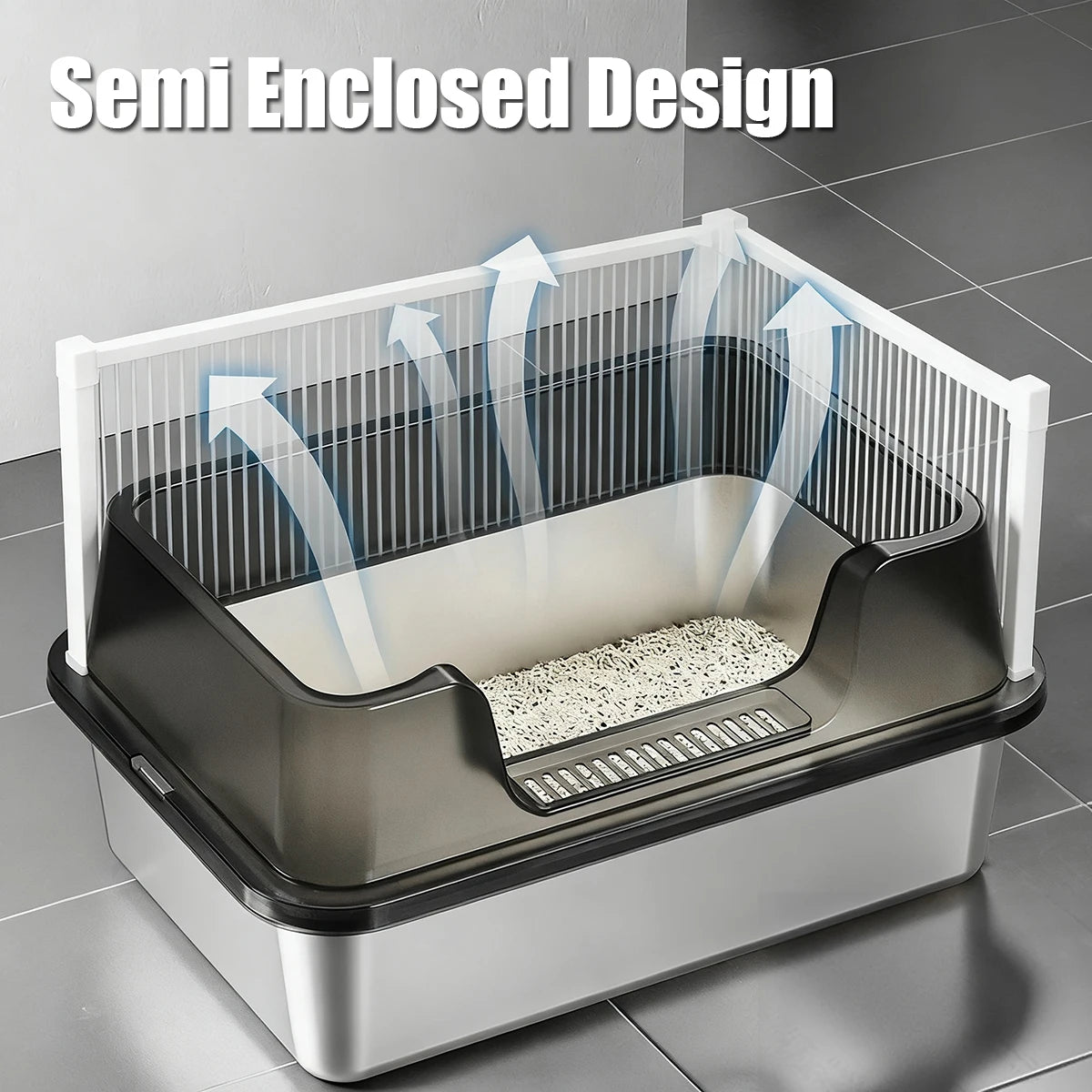 Stainless Steel Cat Litter Tray with Lid, Extra Large High Sided Enclosure Litter Boxes for Big Cats, Easy to Clean & No Odor