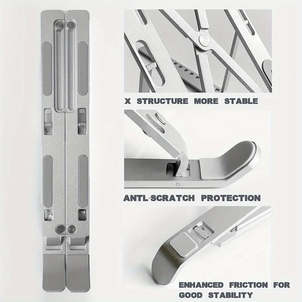 Adjustable aluminum laptop stand - 6 height levels, foldable and portable design for 8-16” laptops, enhanced ventilation and heat dissipation.