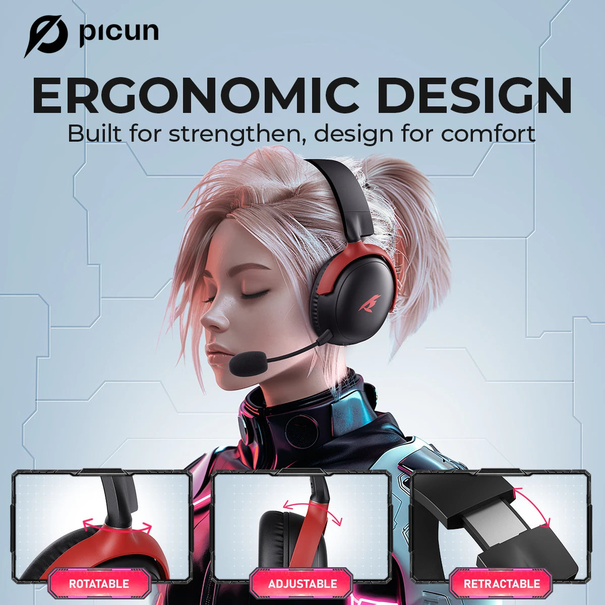 Picun G3 Gaming Wireless Headphone with Mic Over-Ear Headphones Bluetooth 5.4 40mm Driver 2.4G/Wireless/Cable USB Headsets 65H