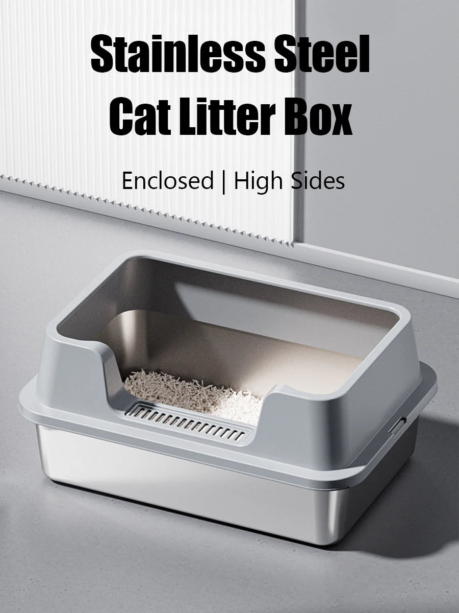 Stainless Steel Cat Litter Tray with Lid, Extra Large High Sided Enclosure Litter Boxes for Big Cats, Easy to Clean & No Odor