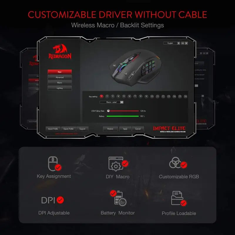 Redragon M913 Gaming 16000 DPI Wired 2.4Ghz Wireless RGB Optical Gaming Mouse with 16 Programmable Buttons, Black/White