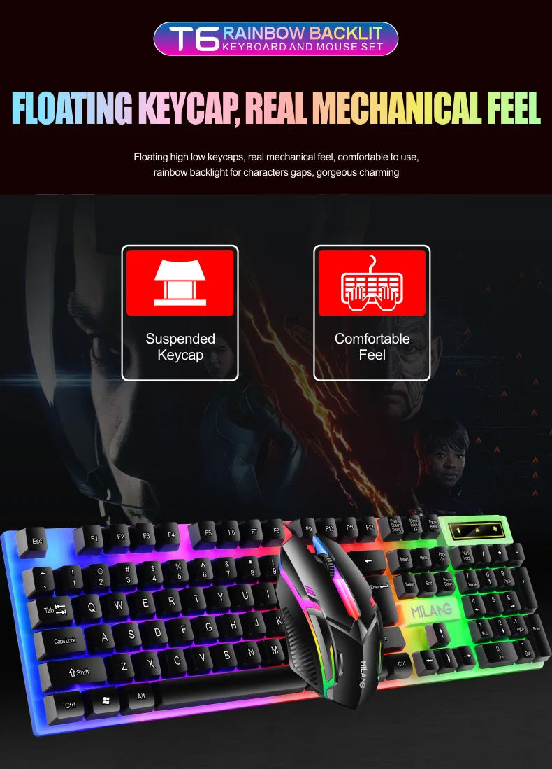 Rainbow Backlit Wired Keyboard and Mouse,Floating Keycap Strong, Wear-resistant, Comfortable Feel Keyboard for Business Office