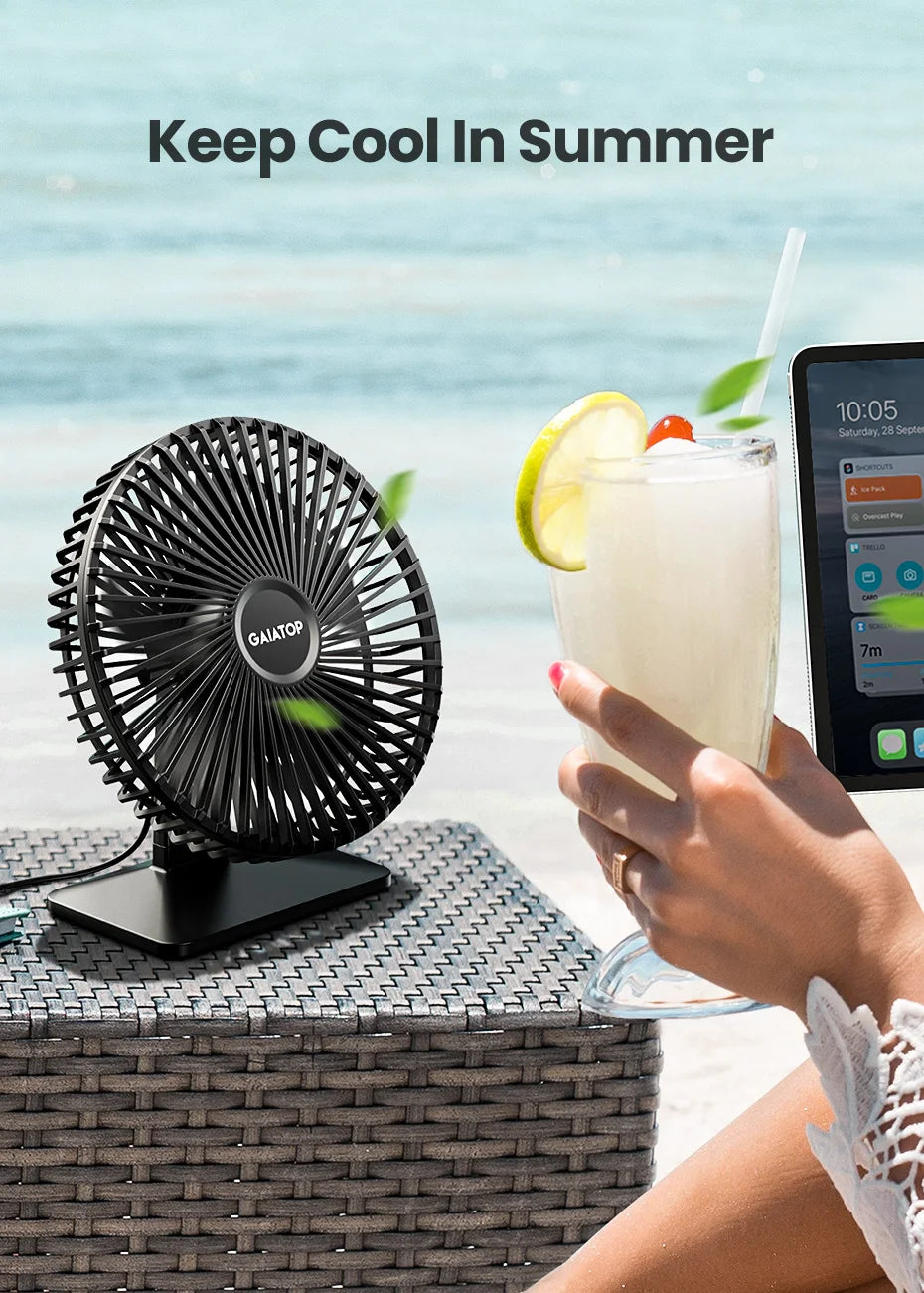 Ventoinha GAIATOP de Mesa — USB, 3 Velocidades, Silenciosa, Ajuste 90°