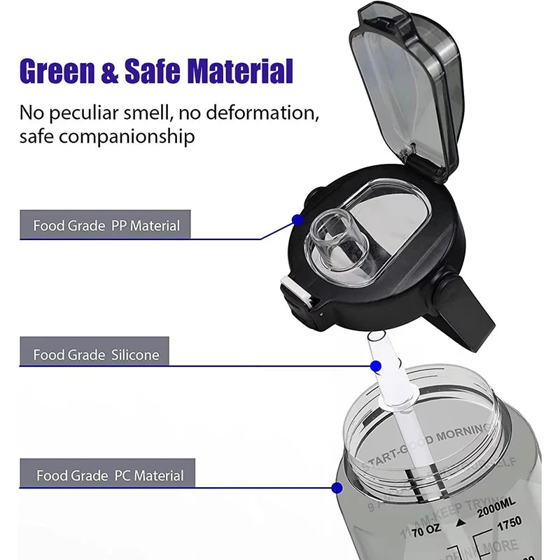 2L 64OZ Half Gallon Water Bottle with Sleeve Motivational Water Bottle with Straw & Time Marker Leakproof Sport Water Jug