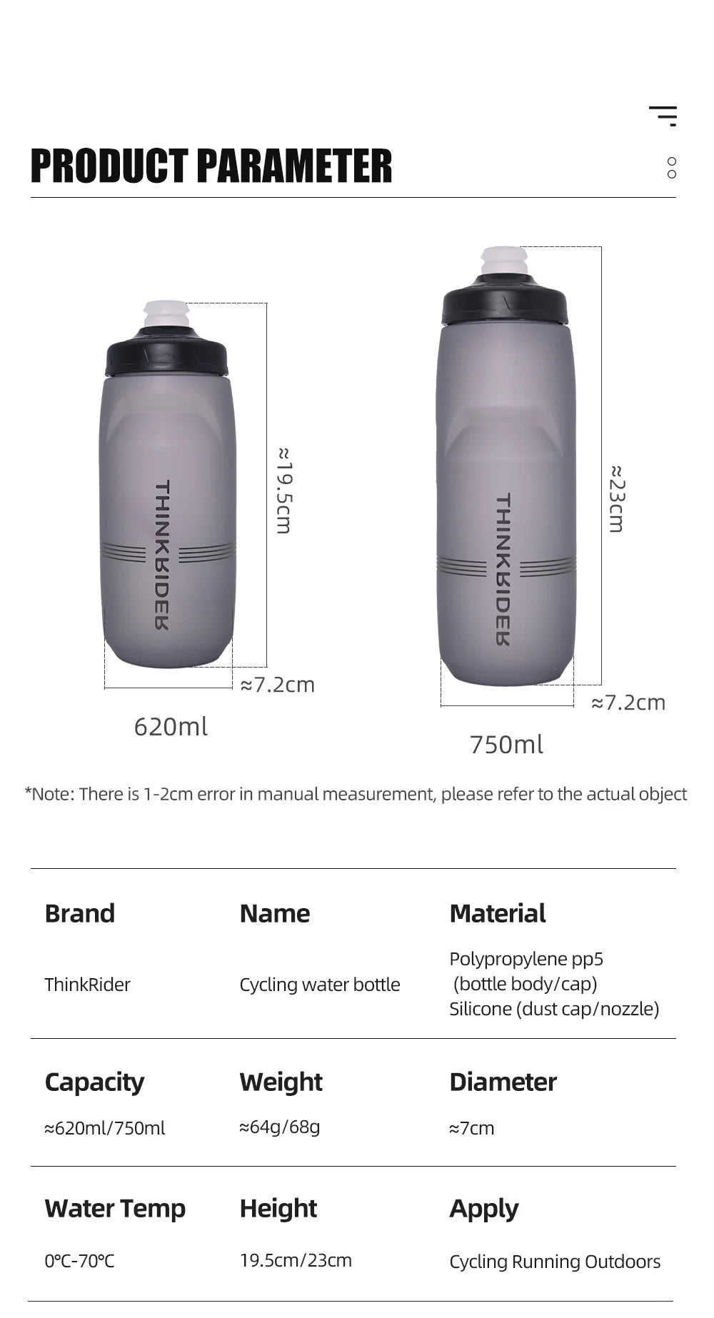 ThinkRider 620ml/750ml MTB Bicycle Water Bottle, Road Bike Water Bottle, Outdoor Sports Plastic, Portable, Large Capacity Drink, Cycling