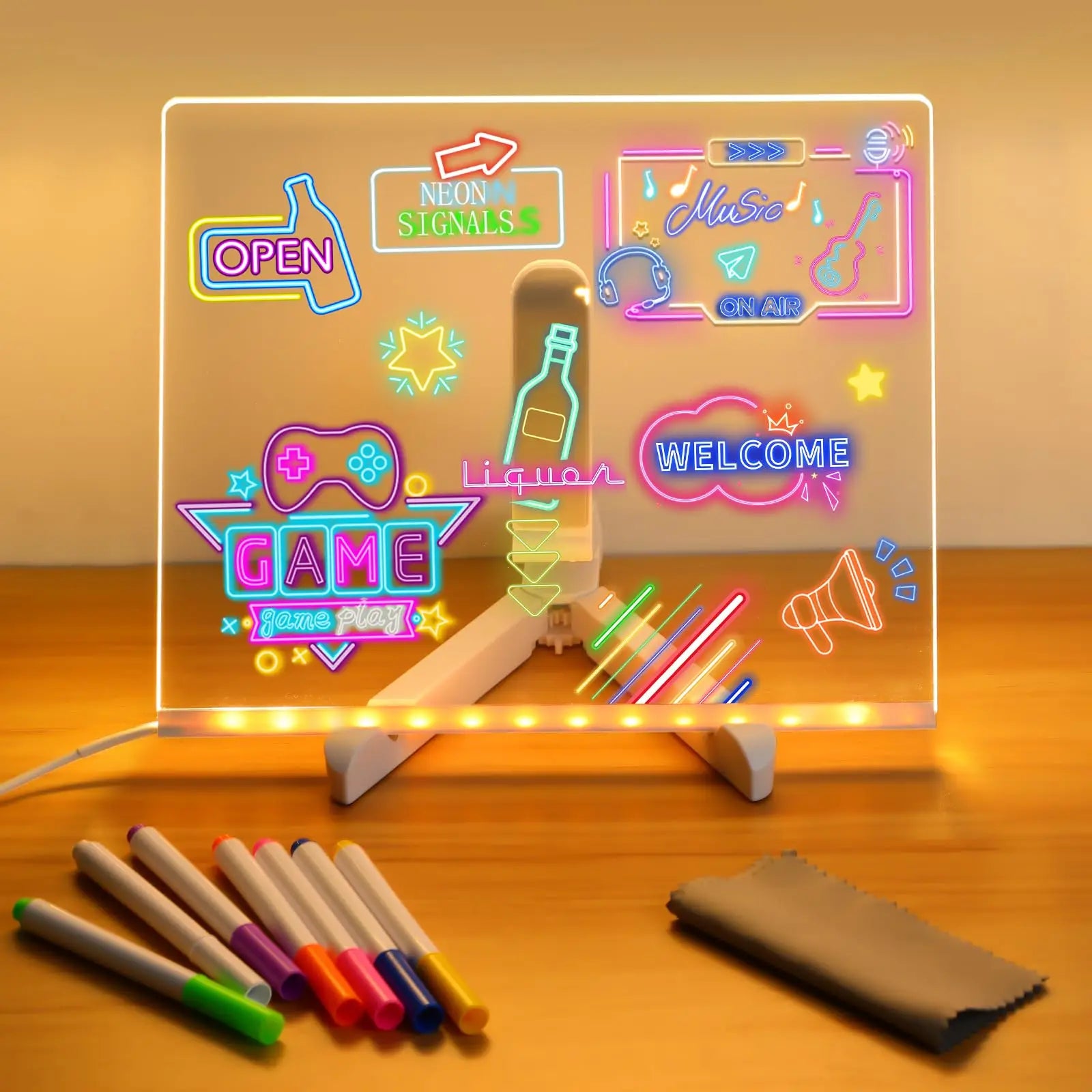 LED Note Board With Night Light Colorful 7 Pens DIY Acrylic Message Board Children's Drawing Board For Kids Birthday Gift