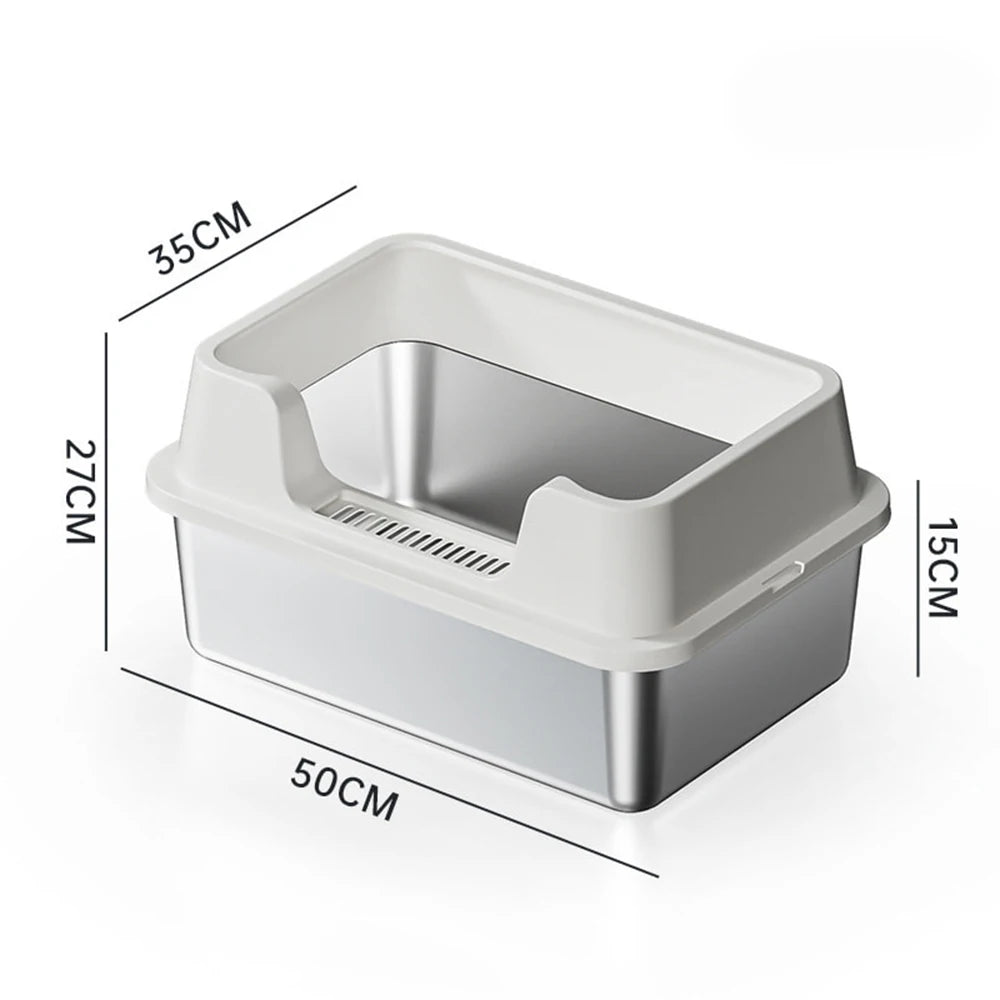 Stainless Steel Cat Litter Box with Lid and Scoop for Big Cat XL Metal Litter Pan Tray with High Wall Sides Enclosure Non-Sticky