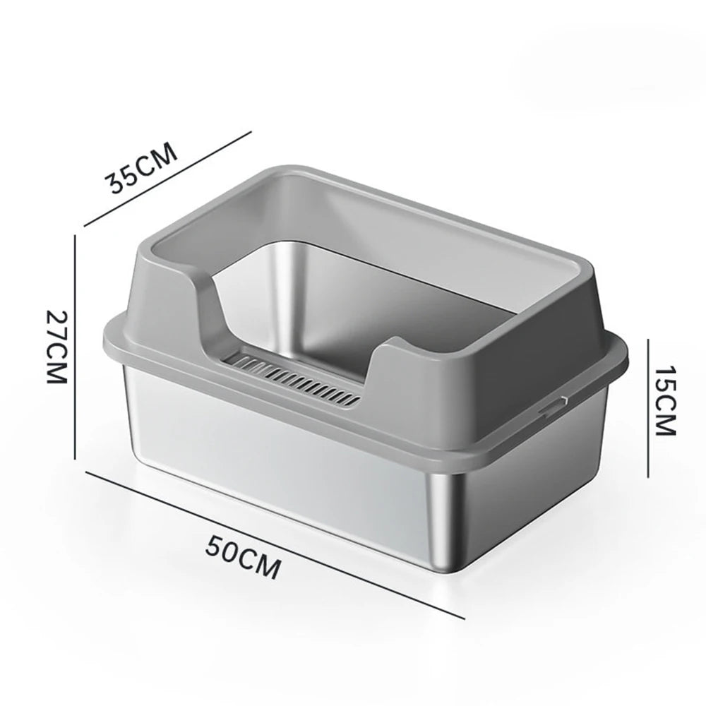 Stainless Steel Cat Litter Box with Lid and Scoop for Big Cat XL Metal Litter Pan Tray with High Wall Sides Enclosure Non-Sticky