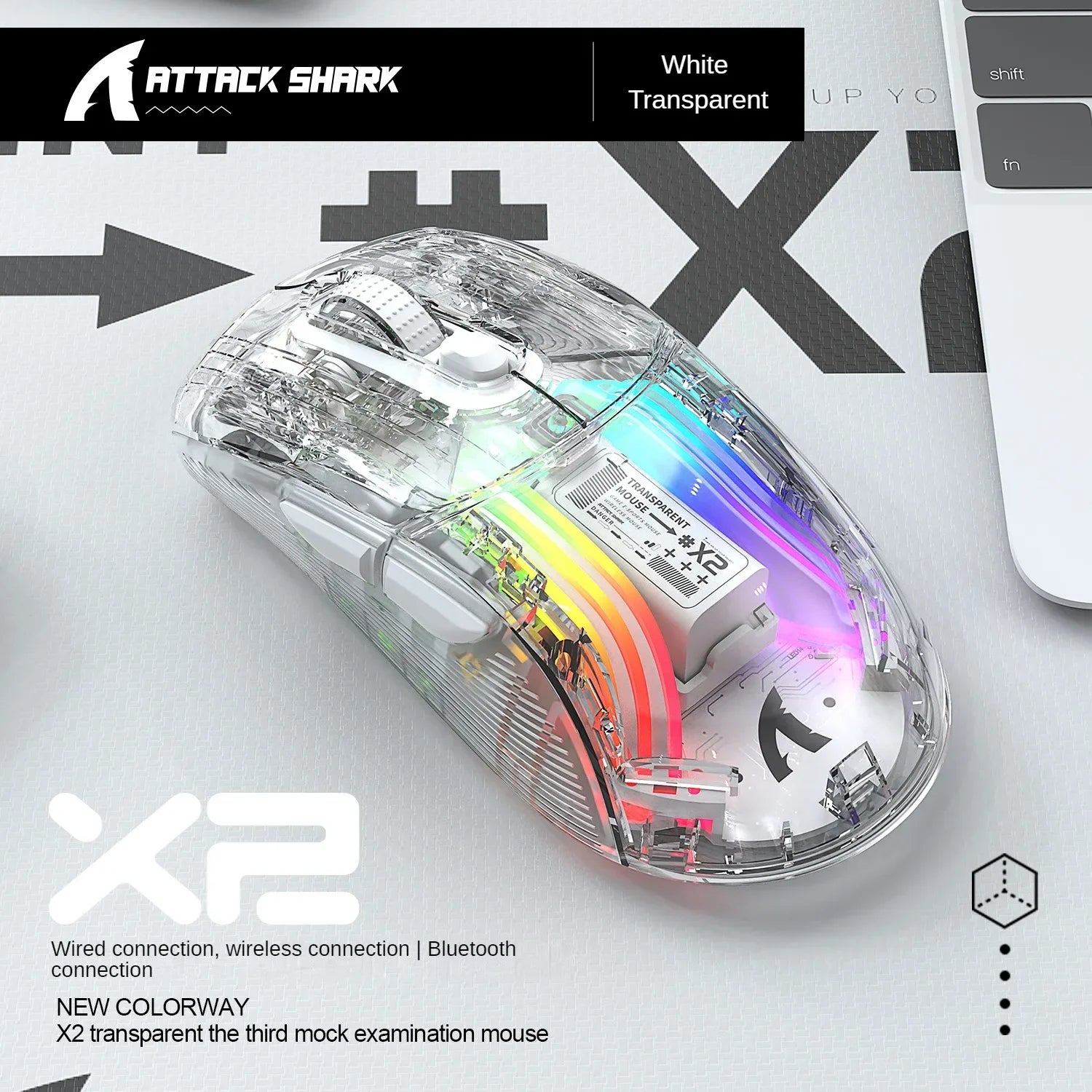 ATTACK SHARK X2 Pro Triple Mode Wireless Transparent Shell Gaming Mouse RGB Rechargeable 4000 DPI Rechargeable Dock Mouse