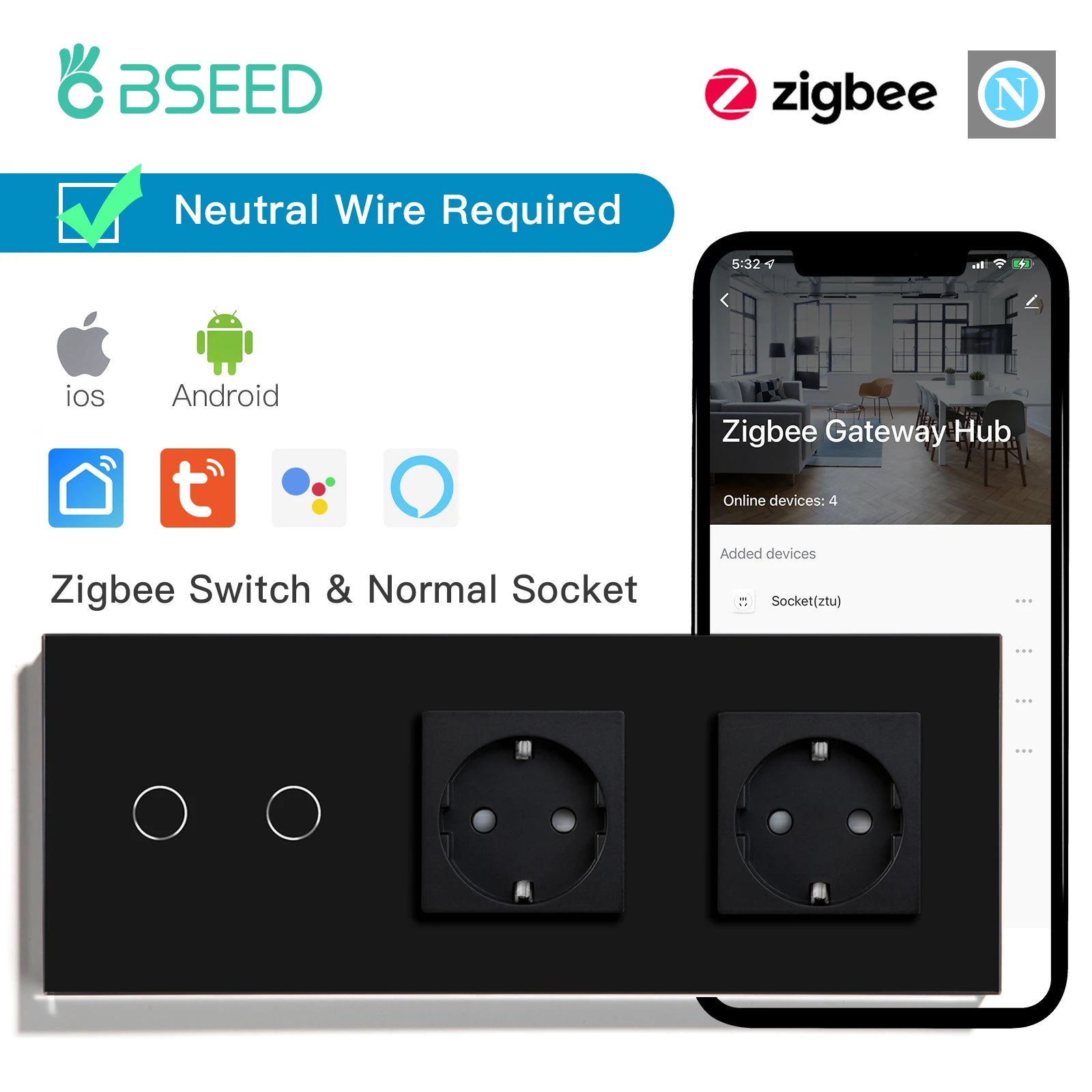 BSEED Zigbee Touch Switch — 1/2/3 Gang + Tomadas EU com Neutro