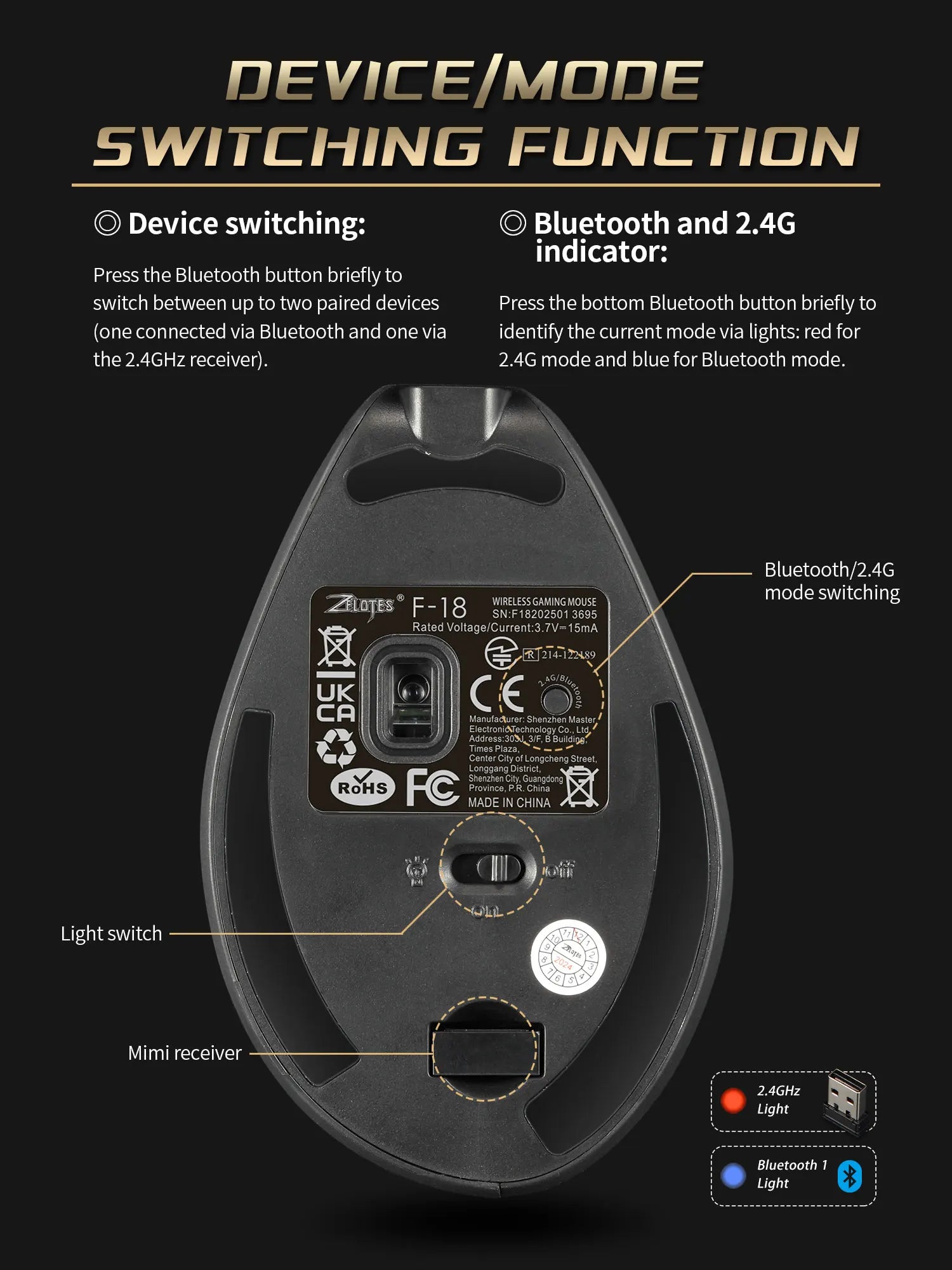 ZELOTES F18 Vertical Ergonomic Mouse 2.4G Wireless Mouse Bluetooth 24000DPI with Programming Gaming Mouse for PC Computer Laptop