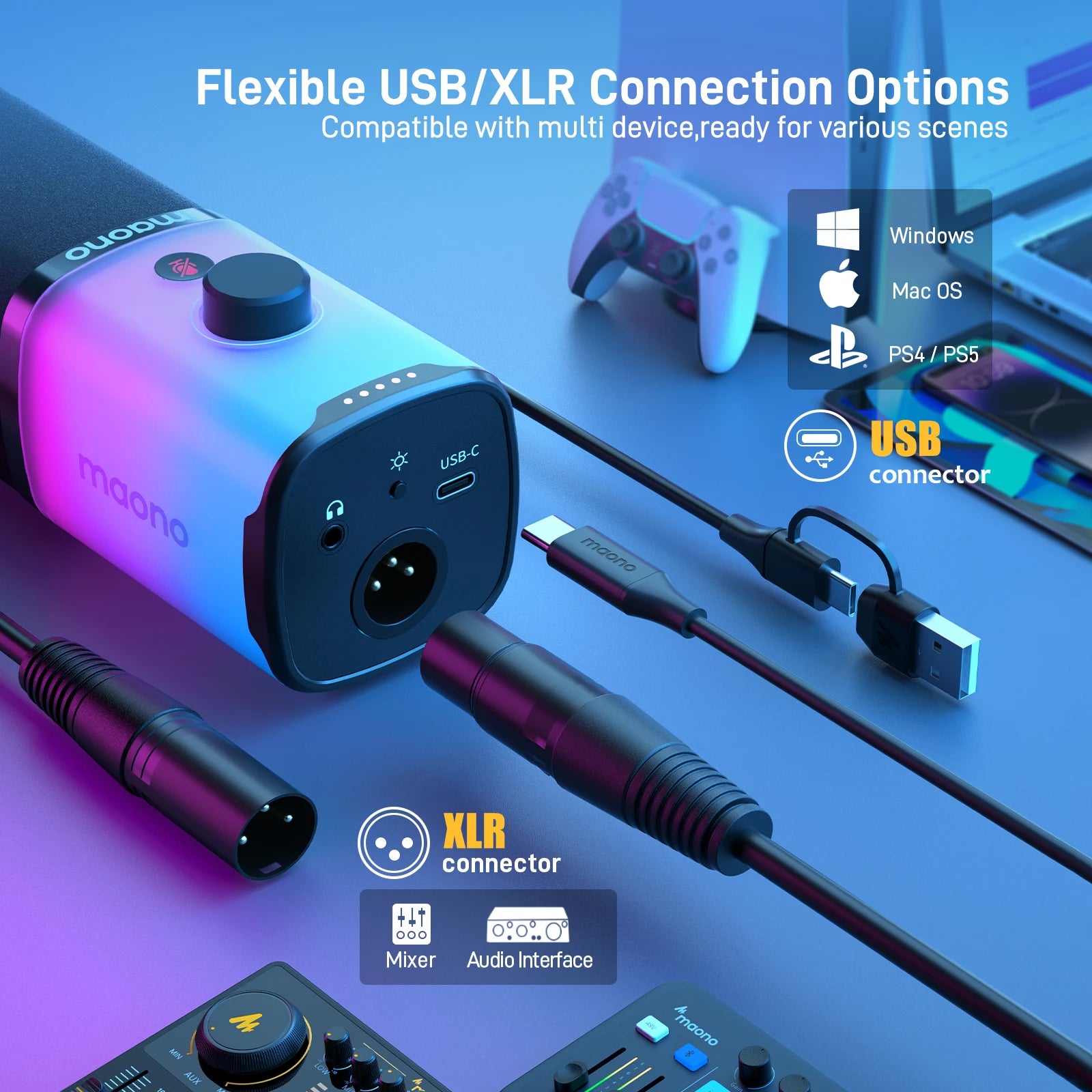 MAONO PD100X — Microfone Dinâmico USB/XLR com Noise Reduction, Mute e RGB