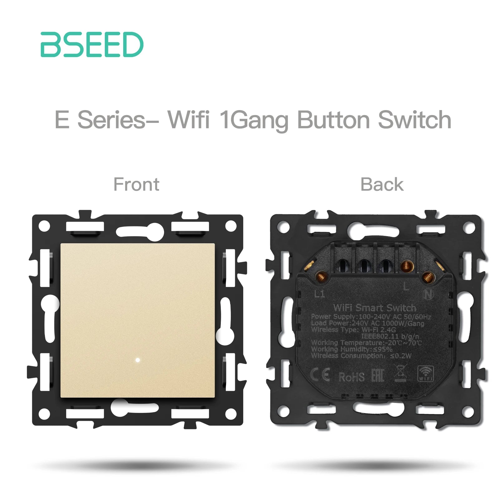 BSEED WiFi Click Switch Module — Moldura Vidro Ouro + Tomadas USB