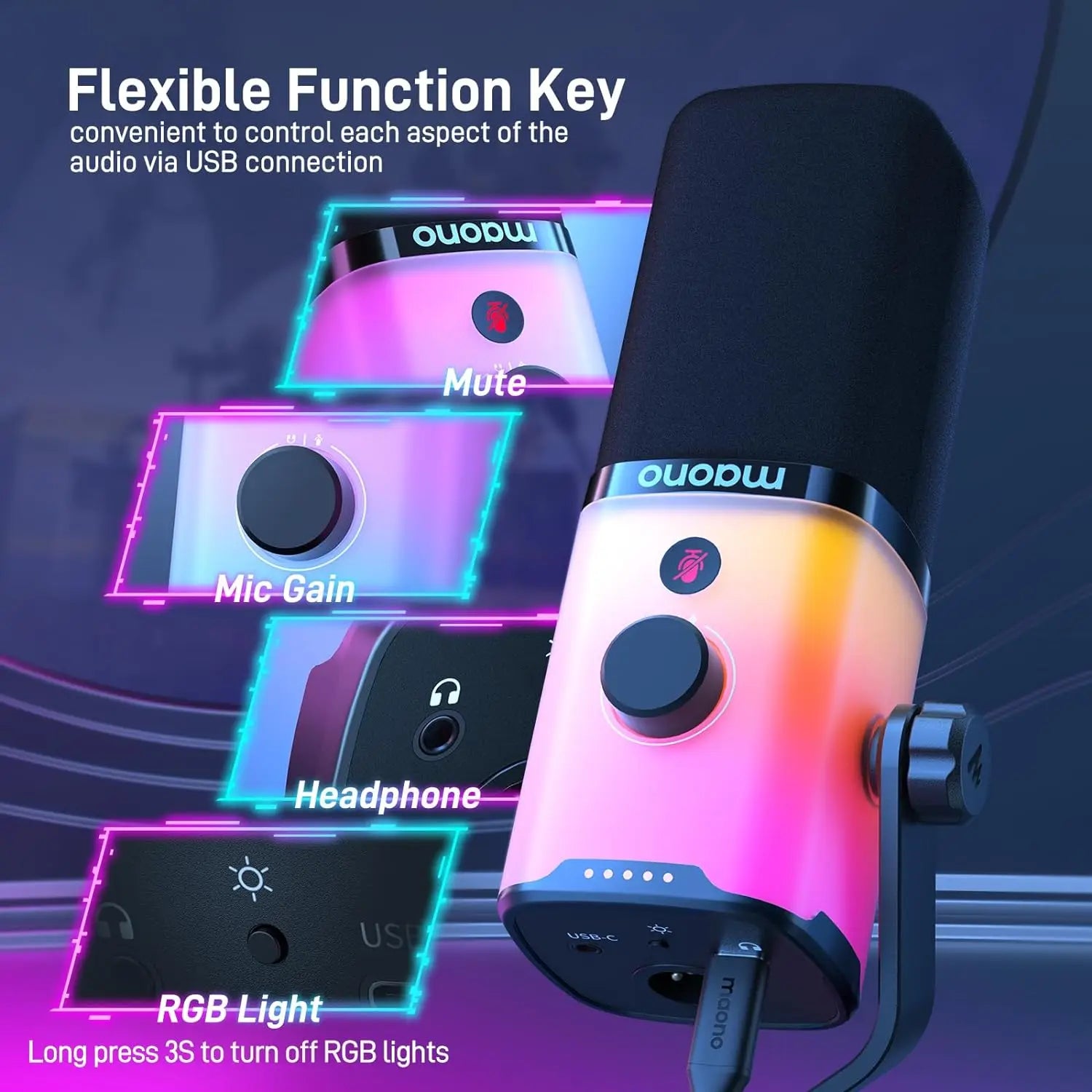 MAONO PD100X — Microfone Dinâmico USB/XLR com Noise Reduction, Mute e RGB