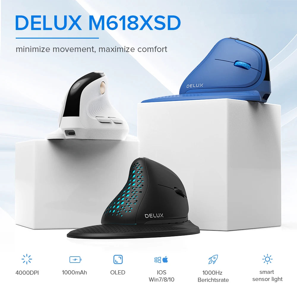 Delux M618XSD Seeker Ergonomic Vertical Mouse with OLED Screen 4000DPI Rechargeable 1000mA Removable Back Cover For Computer
