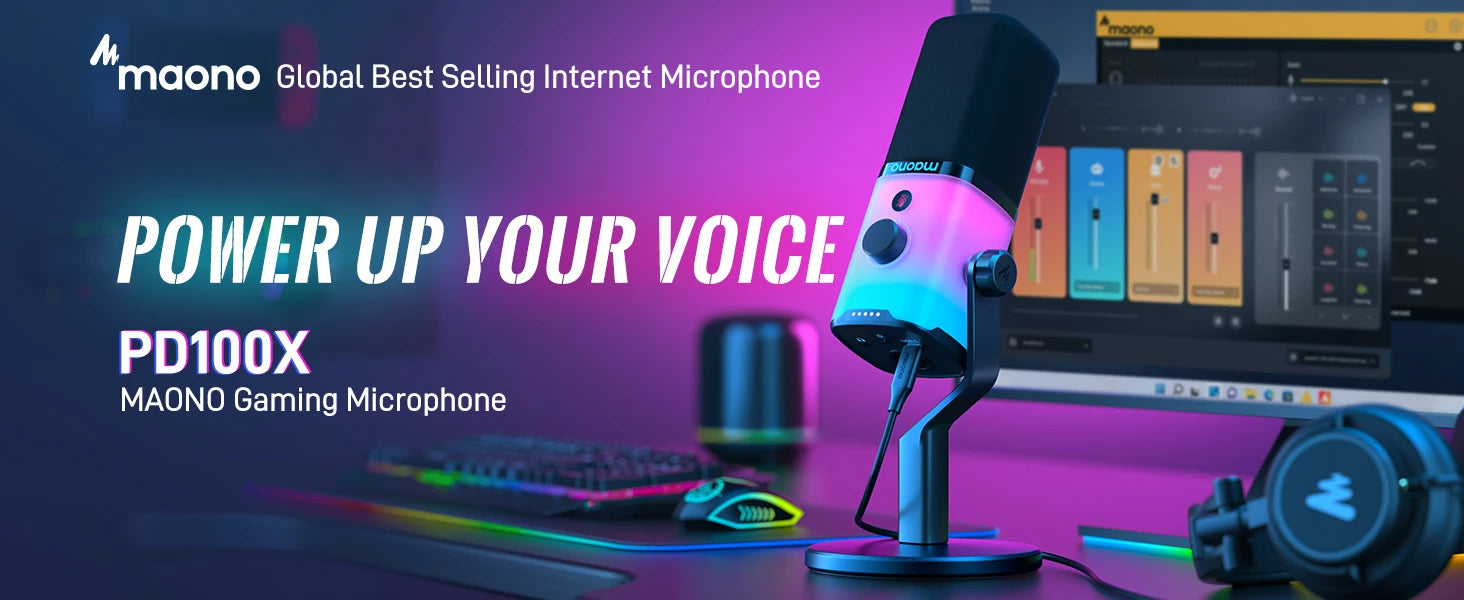 MAONO PD100X — Microfone Dinâmico USB/XLR com Noise Reduction, Mute e RGB