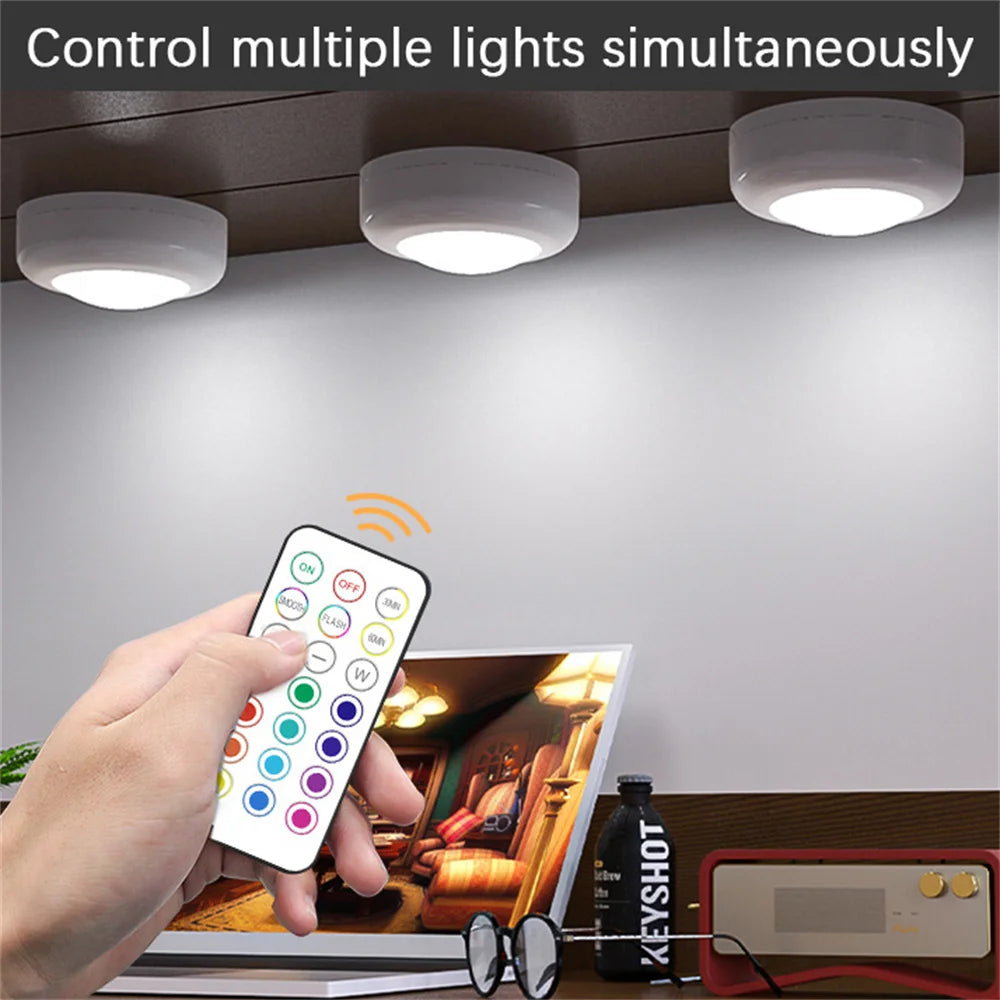 RGB LED Under Cabinet Lights with Remote Control Battery Powered Wireless Dimmable Night Lamp LED Lights for Home Wardrobe Light