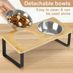 Elevated Cat Bowls Pet Feeder 15° Tilted Raised Cat Food Bowls with Wooden Stand, 2 Stainless Steel Bowls for Cats and Kittens