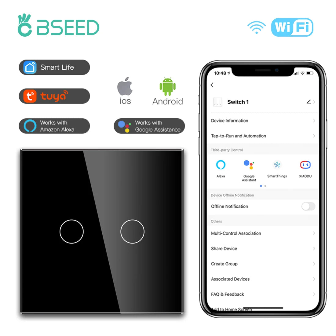 BSEED WiFi Touch Switch — 1/2/3 Gang Smart Tuya com USB‑C