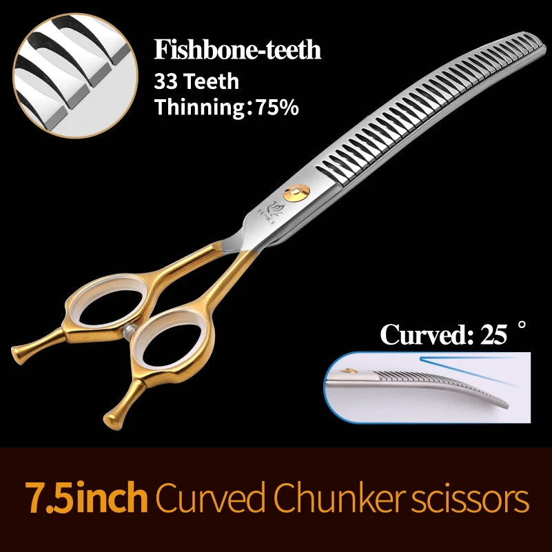 Fenice 7.0/7.5 inch Professional Dog Grooming Shears Curved Thinning Scissors for Dog Face Body Cutiing JP 440C High Quality