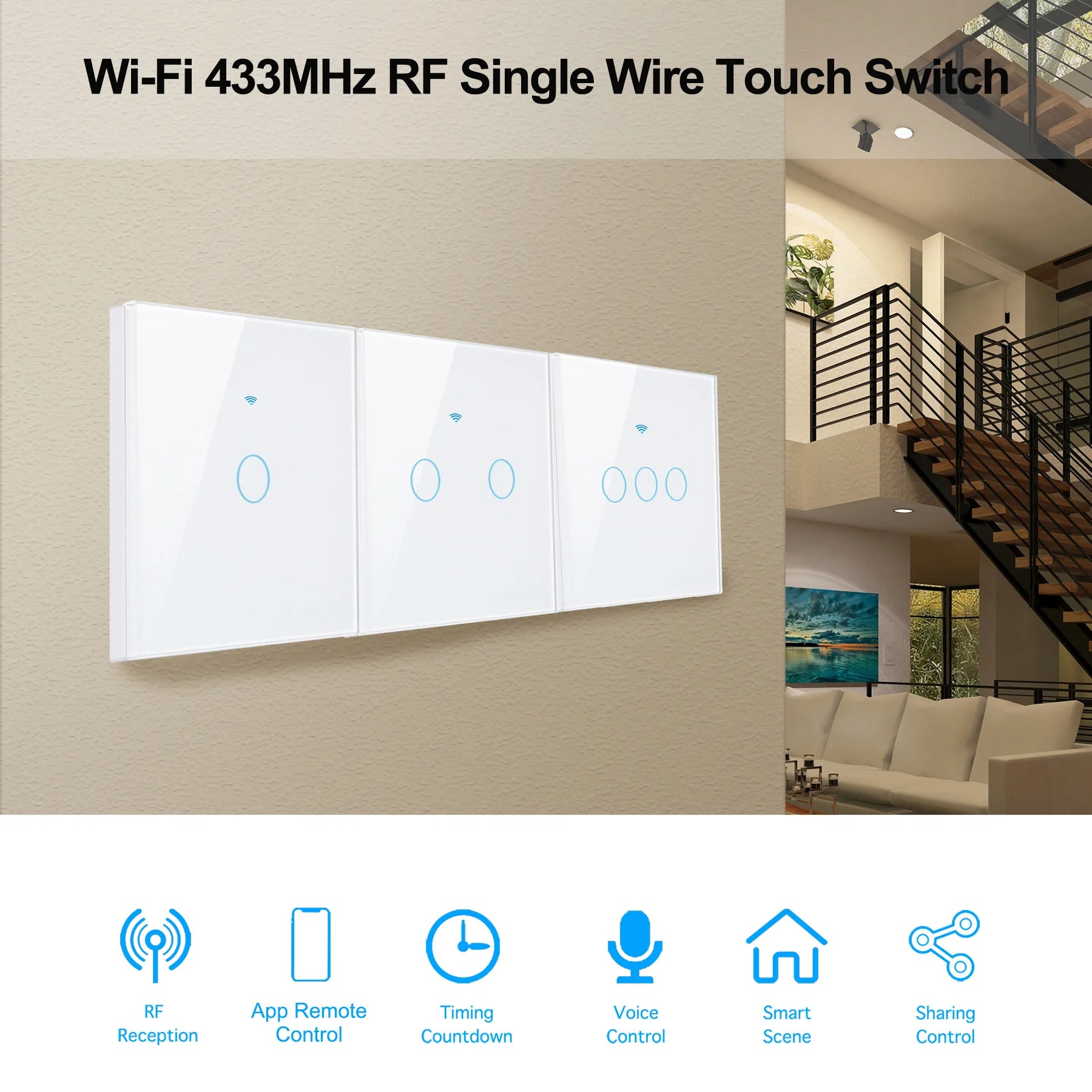 AXUS WiFi Touch Switch — Smart RF433 Sem Neutro Tuya Alexa