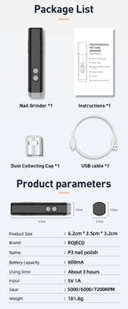 ROJECO P3 Electric Pet Nail Grinder Professional Dog Nail Clippers + 2 LED Light Rechargeable Cat Claw Nail Grooming Accessories