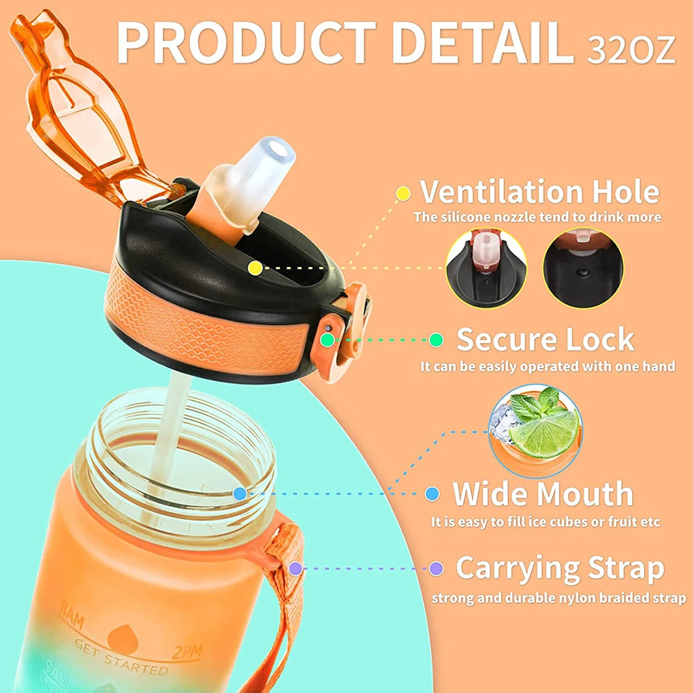 Motivational Sports Water Bottle, Leak-proof Drinking Bottles, Outdoor Travel, Hiking, Cycling, 750ml, 1000ml