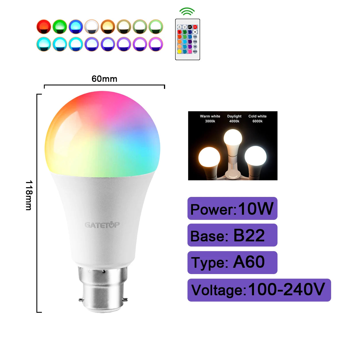 1-10PCS Smart RGBW LED Bulb Spotlight E27 E14 B22 GU10 6W 10W with infrared remote control suitable for colorful home lighting.
