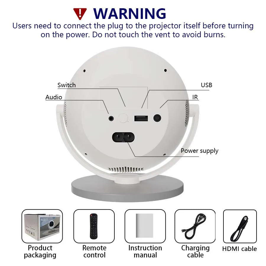 Projetor Portátil 4K — Android, WiFi6, BT5.0, Auto Keystone, Rotação 360°