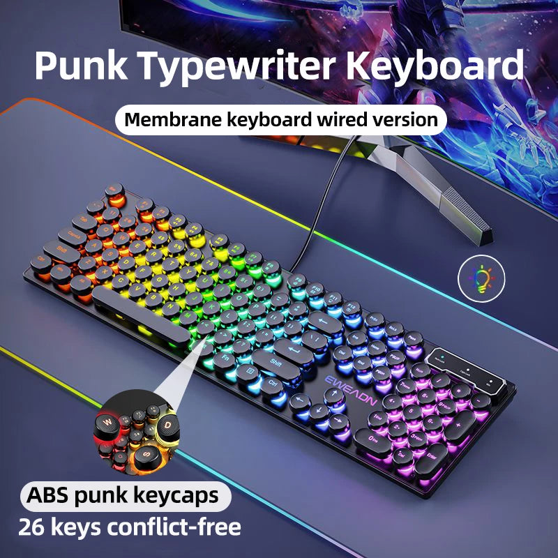 EWEADN GX330 Typewriter Gaming Keyboard, 104 Keys Wired Retro Punk Round Keycaps, with RGB Backlit, for Windows Laptop PC Black