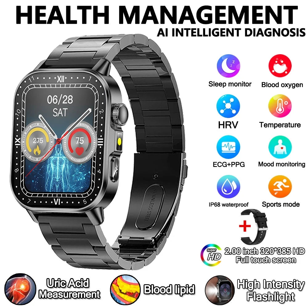 2026 New Model Uric Acid & Lipid Health Analysis Smartwatch Men's ECG+PPG Bluetooth Call 2.01 inch Flashlight Smartwatch Women's