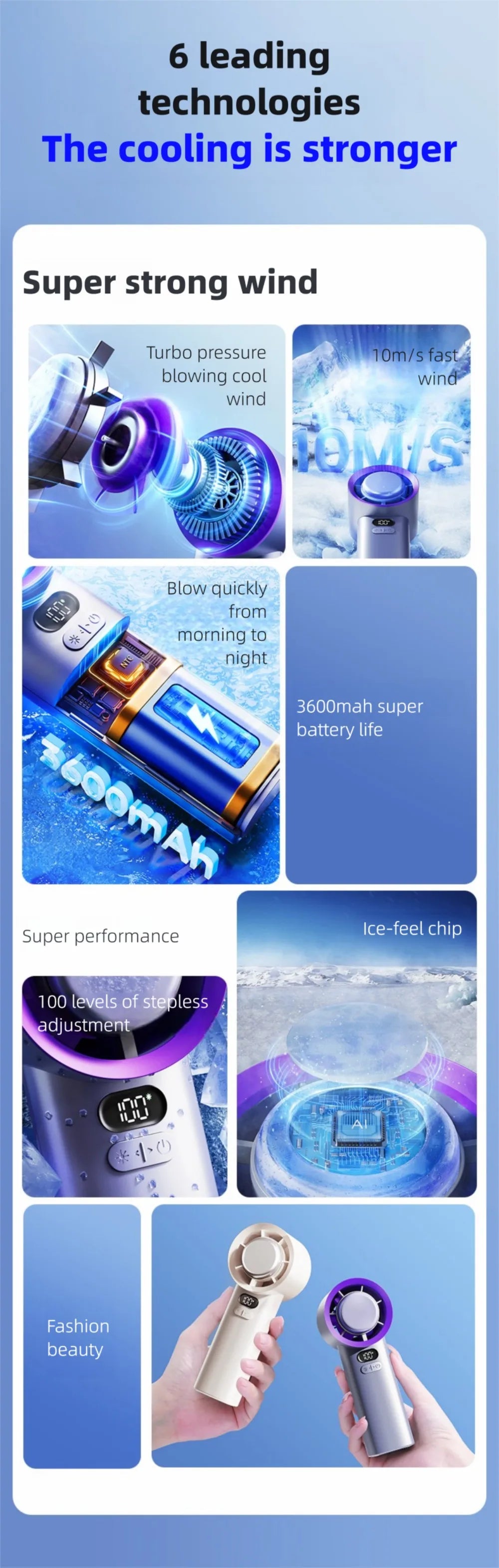 Outdoor Handheld Cold Compress Fan 3600mAh Quite High-speed Cold Air USB Rechargeable Mini Turbo Fan with Lanyard Portable Fan