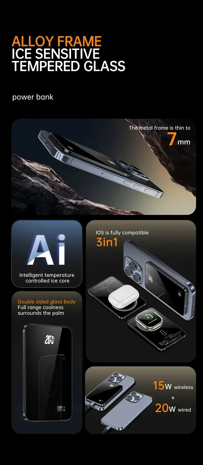 10000mAh 20W Wireless Magnetic Power Bank Portable Battery Charger for MagSafe iPhone 16, 15, 14, 13, and Samsung iWatch