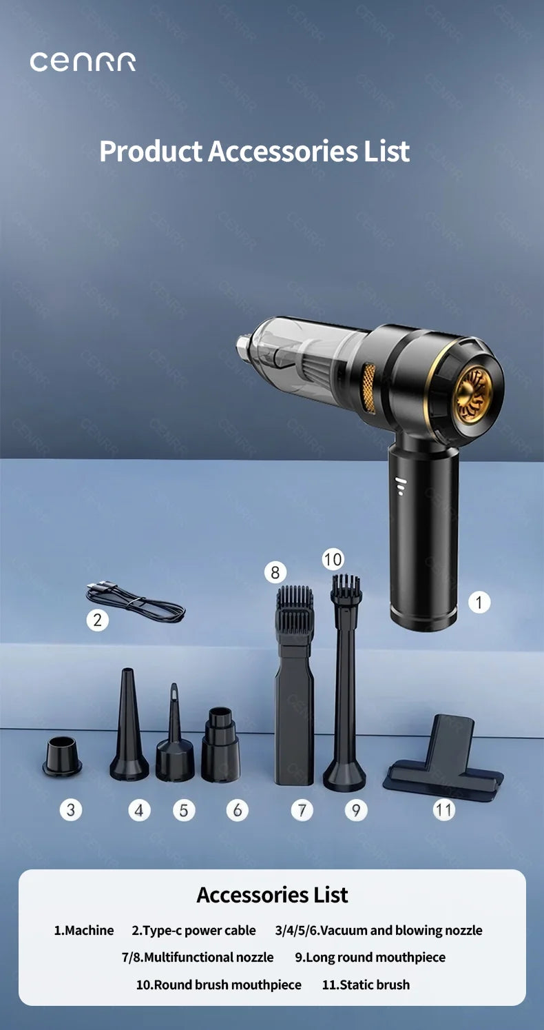 Aspirador Portátil CENRR 998000PA Sem Fios para Limpeza de Carro