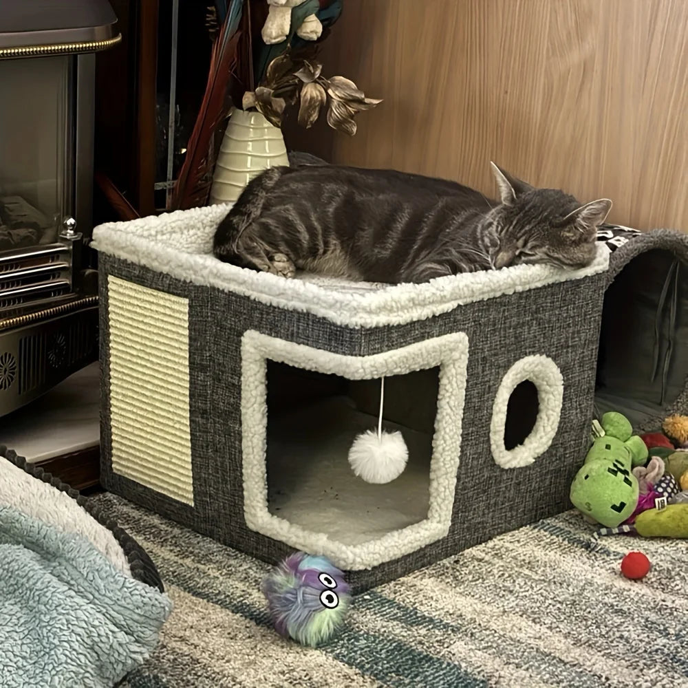 4-Season Multi-Level Cat House - Foldable Indoor Design, Scratching Board & Non-Slip Base 30LB Capacity, Warm Cat Bed Cat Cave
