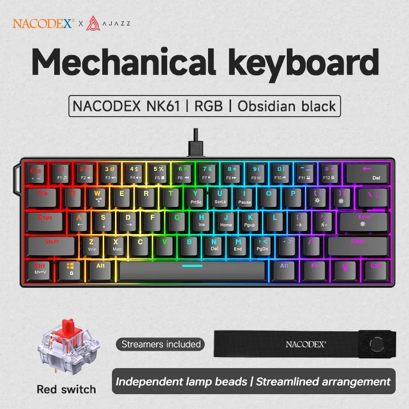 AJAZZ NK61 Wired Gaming Mechanical Keyboard 60% RGB Hot-Swappable 61 Keys Red Switch Mini Keyboard for Gamer PC