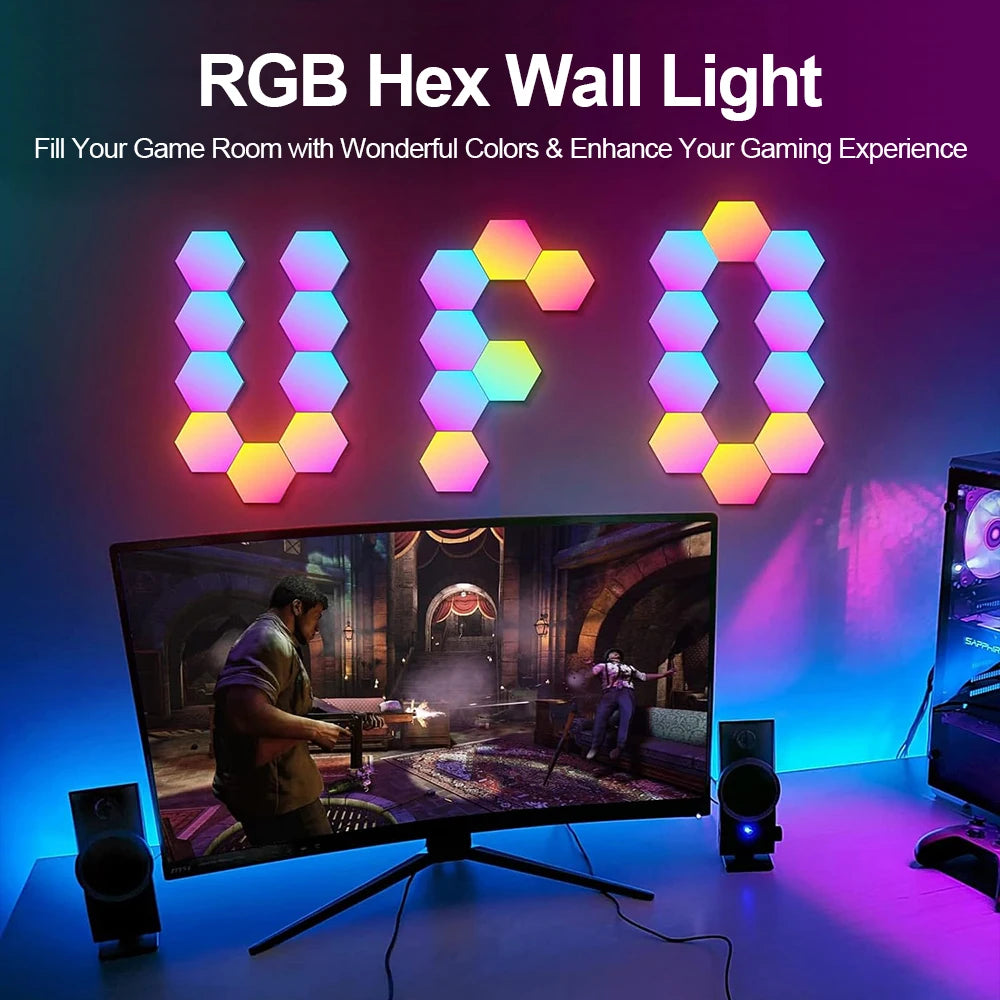 RGB Smart Hexagonal Wall Lamp Color Changing Ambient Night Light DIY Shape Music Rhythm APP For Game Room Bedroom Intelligent