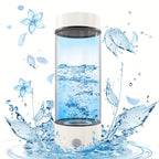 A bottle of hydrogen water, a glass of hydrogen-rich water, a USB-powered hydrogen electrolysis generator (3-minute charge), fitness equipment.