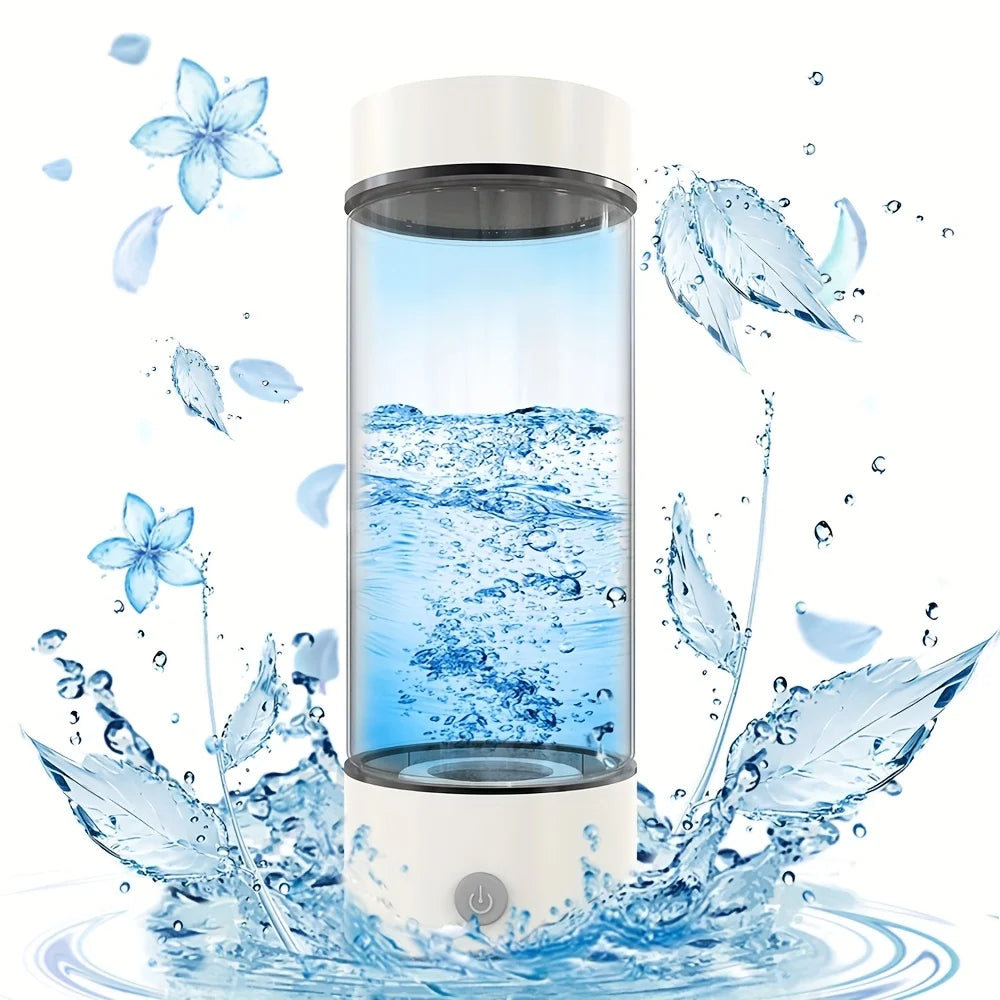 A bottle of hydrogen water, a glass of hydrogen-rich water, a USB-powered hydrogen electrolysis generator (3-minute charge), fitness equipment.