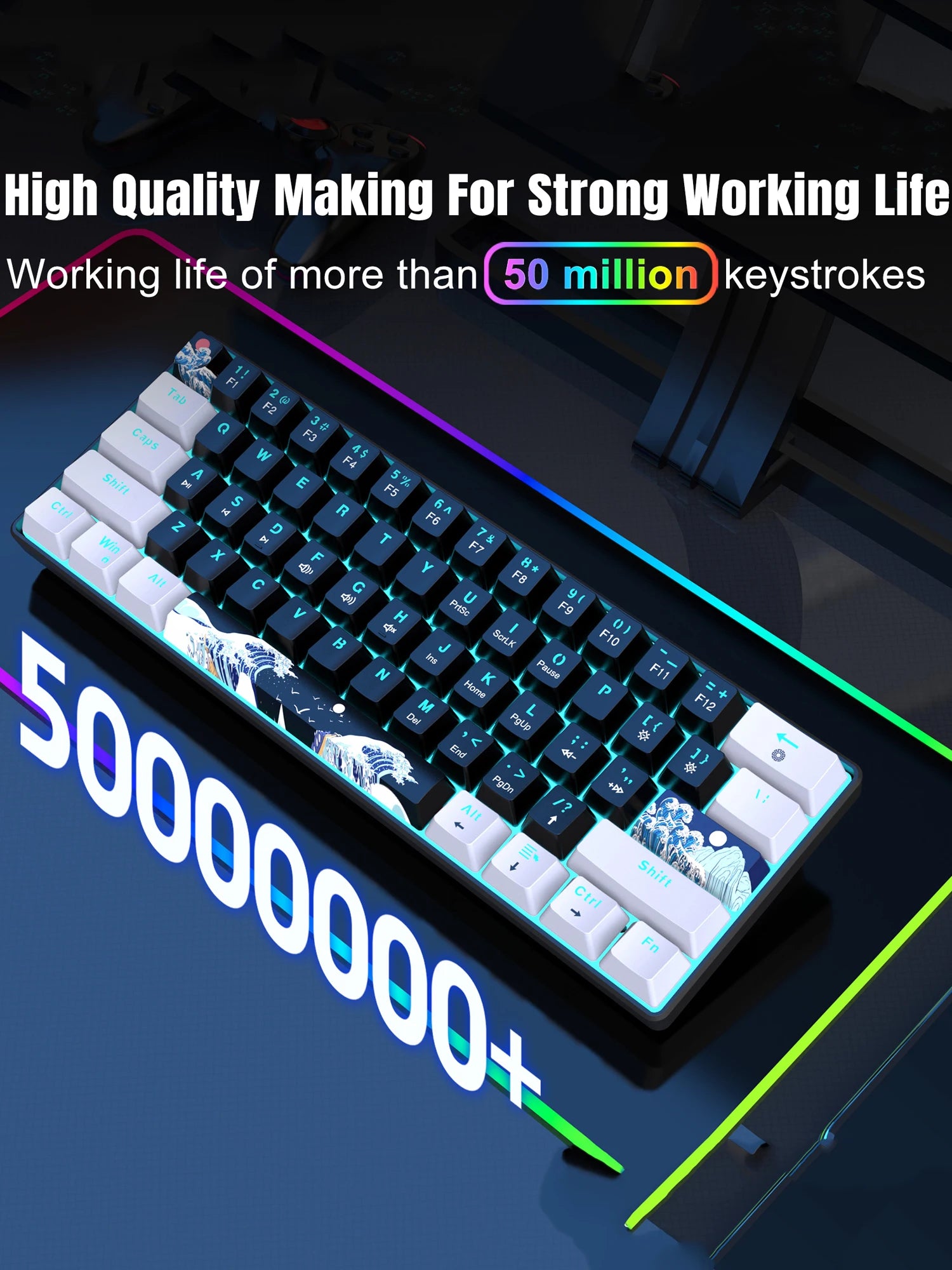 60% Mechanical Keyboard, Gaming Keyboard With Blue Switches And Sea Blue Backlit Small Compact