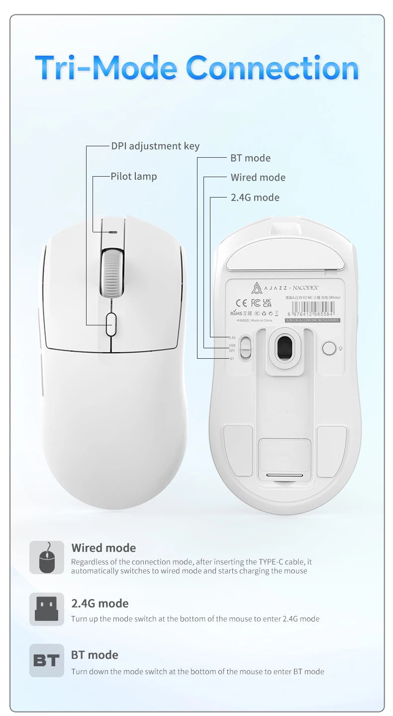 AJAZZ AJ139 V2 MC/AJ139 PRO Wireless Gaming Mouse PAW3311/PAW3395 Sensor 12000DPI/26000DPI 500mAh Bluetooth Mouse Gamer For PC