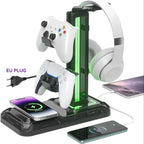 Headphone & Controller Stand with Wireless Charging Rotatable Headset Stand with 9 Light Modes Controller Holder with EU plug