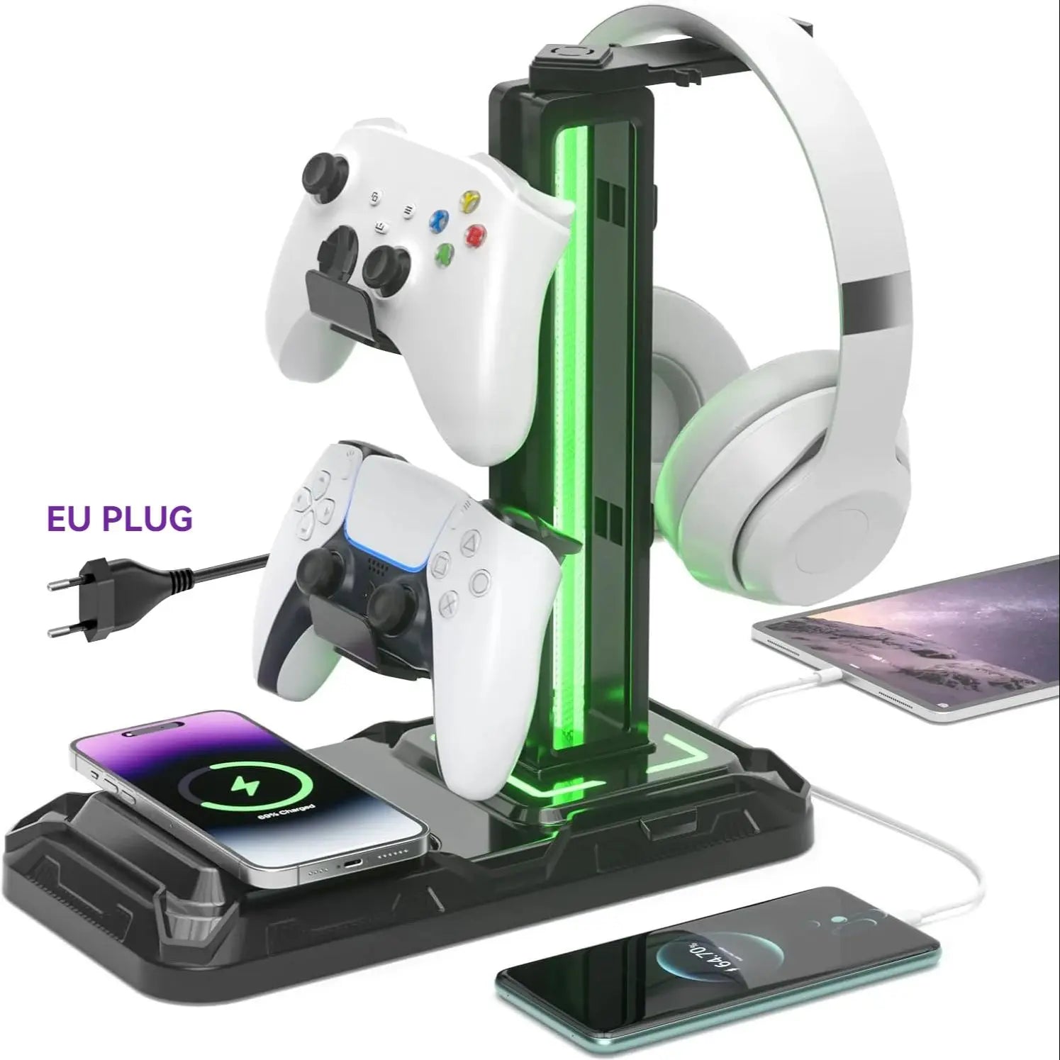 Headphone & Controller Stand with Wireless Charging Rotatable Headset Stand with 9 Light Modes Controller Holder with EU plug