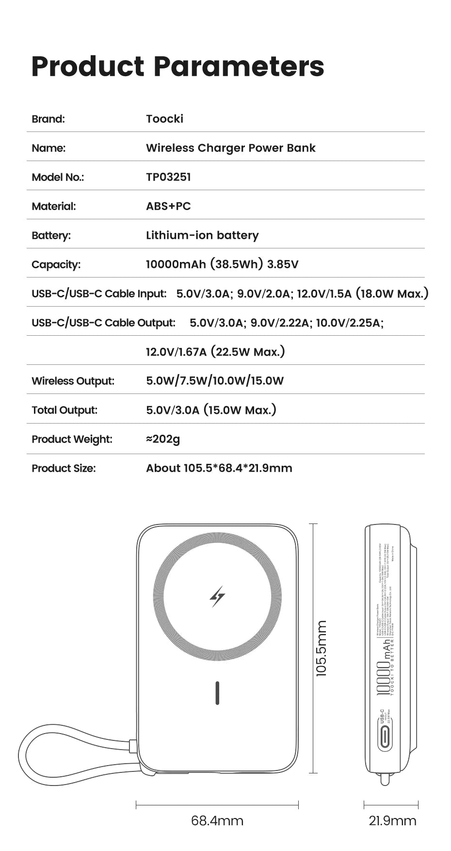 Toocki PowerBank 10000mAh — Magnético 15W MagSafe USB‑C PD 22.5W