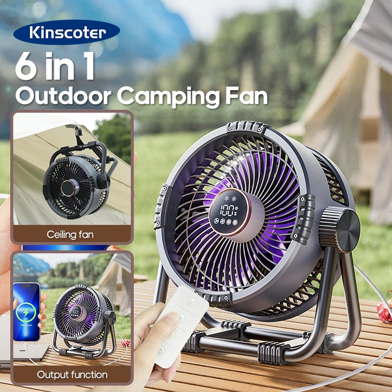 Portable 6 in 1 Outdoor Camping Fan 20000mAh Rechargeable Wireless Tent Ceiling Fan 4 Speed ​​Adjustment LED Lighting Power Bank